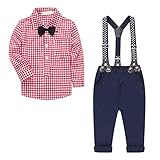 Baby Boy's 2 Pieces Tuxedo Outfit, Long Sleeves Plaids Button Down Dress Shirt with Bow Tie + Suspender Pants Set Suit for Infant Newborn Toddlers, Red, for 18-24 Months = Tag size 95