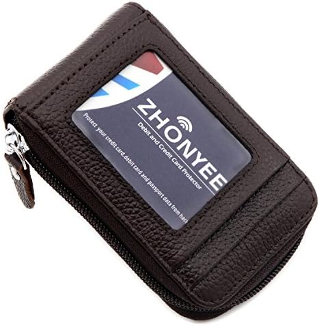 ZHONYEE Genuine Leather RFID Blocking Mini Credit Card Case Organizer Compact Wallet - Coffee