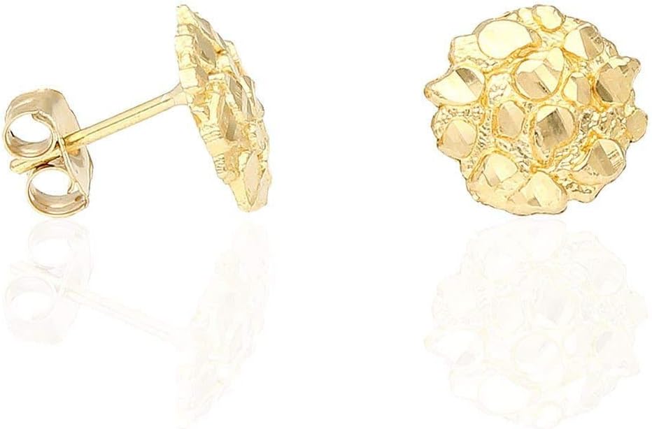 10K Solid Yellow Gold Round Nugget Pushback Stud Earrings