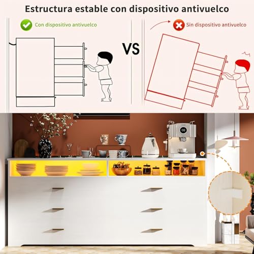 Simple Wisdom Cajonera para Recamara,Comoda Cajonera para Recamara con Toma de Corriente y Luz Led,Cajoneras de Madera,con 6 Cajones de Madera de Almacenaje y 2 Estantes Abiertos,Cajoneras.(Blanco)