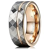 Three Keys Jewelry Mens Womens Tungsten Rings 4mm 6mm 8mm Hammered Facet Brushed with Rose Gold Stripe Wedding Bands