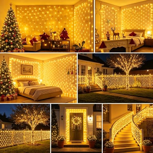 Joycome Outdoor Christmas Light Net 3 x 2 m 200 LED Net Lights with Plug, Timer, 8 Modes Christmas Tree Lights Waterproof Light Curtain for Balcony Garden Ceiling Terrace – Warm White