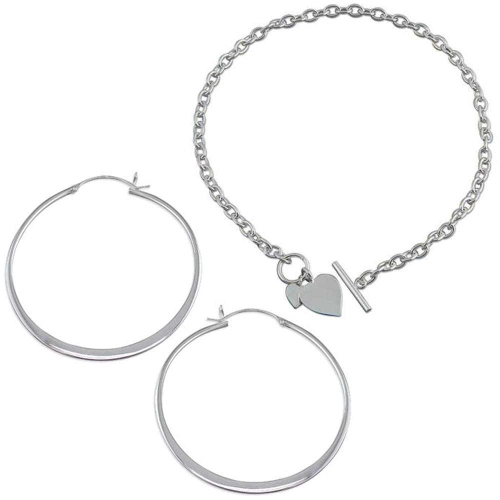Ladies Silver Jewellery Gift Set Hoop Earrings and Double Heart Tag Necklace Elegant and Stylish