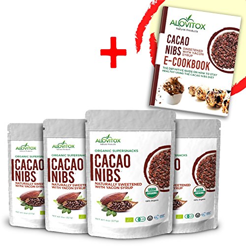 Cacao Nibs Naturally Sweetened with Yacon Syrup - Caffeine-Free Zero Sugar Keto Paleo and Vegan Friendly - Criollo Raw Cocoa Chocolate Nutritional Protein Snack - USDA Organic 8oz by Alovitox (4 Pack)