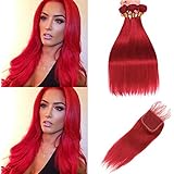 NEWNESS Human Hair Bundls With Closure Straight Red Peruvian Virgin Hair With Lace Closure Red, 14 16 18 + 12 Closure