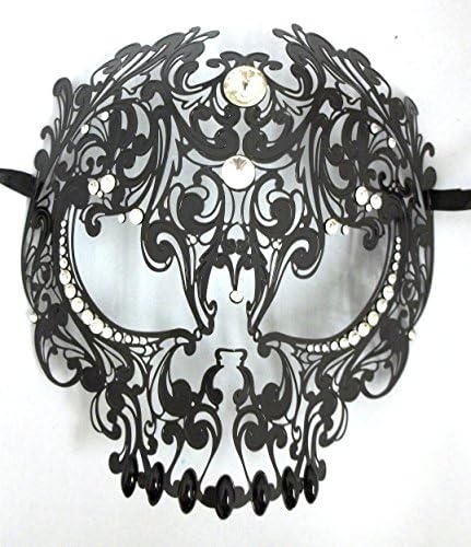 Skull Laser Cut Black Metal Venetian Masquerade Male Mask with Diamonds