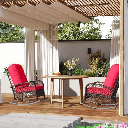 Outsunny Rattan Rocking Chair Set of 2, Outdoor Wicker Patio Rocker Chair Furniture with Thick Cushions, for Garden Backyard Porch, Red