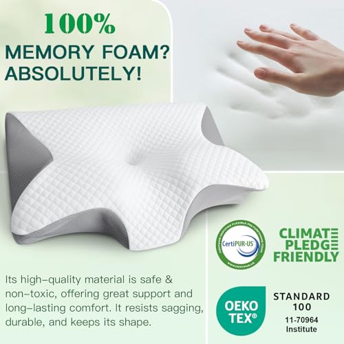 FEYIDEO Cervical Pillow, 2 in 1 Ergonomic Memory Foam Pillow Pillows for Neck Side Sleeper, Back and Mouth Down, 60 x 40 x 12/14 cm (Grey)