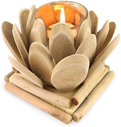 Zen Candle Holder | Decorative Lotus Flower Shaped Tealight Candlestick Holder with Log Bottom for Home Décor Holiday Feng Shui Eastern Enlightenment | Natural Wood Petals and Glass Cup | 1396.2