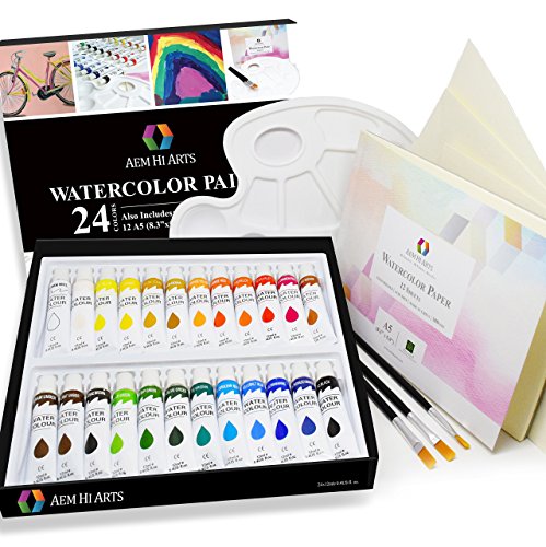 Watercolor Paint Art Set - 24 Color Art Kit Includes Water Color Paints, Brushes, Paper, and Palette - Portable, Small and Washable, Great for Kids and Professionals and Mothers Day