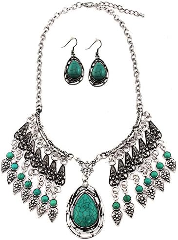 Tribal Teardrop Cabochon Truquoise Bib Necklace Set with Matching Earrings