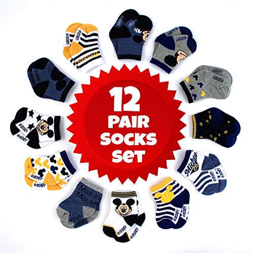 Disney Baby Boys Mickey Mouse Assorted Color Design 12 Pair Socks Set, Age 0-24 Months (12-24 Months, Grey-Blue-Yellow Collection)