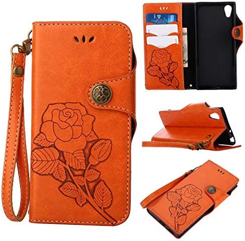Sony Xperia XA1 Protective Case, UNEXTATI Vintage Rose Pattern Stand PU Leather Flip Cover, Wallet Case Cover with Hand Strap for Sony Xperia XA1 (Orange)