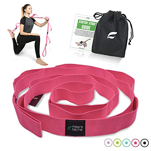 fitter’s niche Yoga Stretch Strap, Non Elastic Exercise Band with 10 Loops Adjustable for Stretching Rehabilitation Flexibility Hamstring Physical Therapy Recovery, Free Carry Bag and Workout Guide