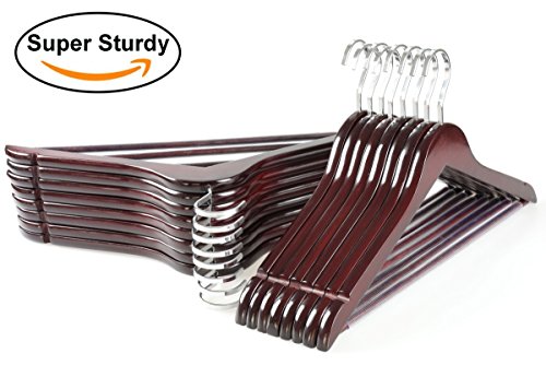 TOPIA HANGER Extra Strong Cherry Wooden Suit Hangers, Solid Wood Coat Hangers, Glossy Finish with Extra Thick Chrome Hooks & Anti-Slip Bar, 16-Pack CT01M - Thumbnail 7