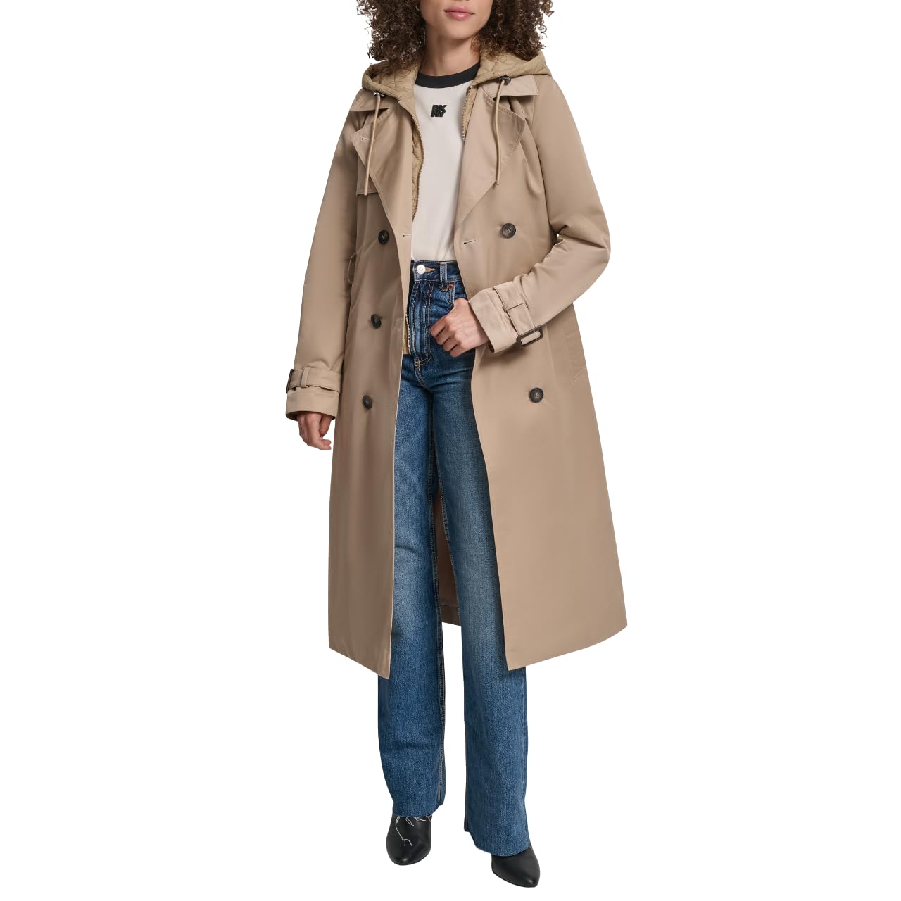 DKNY Women’s Trench Coat with Bib– Long Double-Breasted Belted Jacket with Hood, Khaki, XS