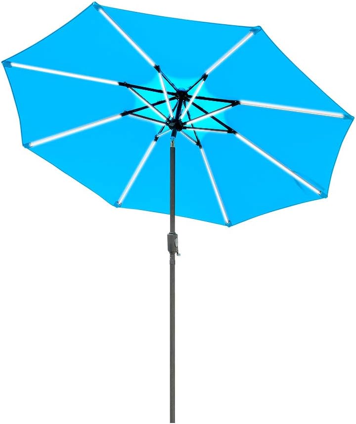 Amazon Com Aok Garden 9ft Patio Umbrella Outdoor Solar Led Table Market Umbrella With Push Button Tilt Crank 8 Ribs Dark Brown Pole Light Blue Cloth Garden Outdoor