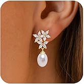 Tituthia Gold Dangle Earrings for Women, 14k Pearl Drop Earrings Leaf Flower Pearl Gold Earrings for Women Trendy Cute Prom Bridal Earring Dangling Long Pearl Earring Wedding Jewelry Gift