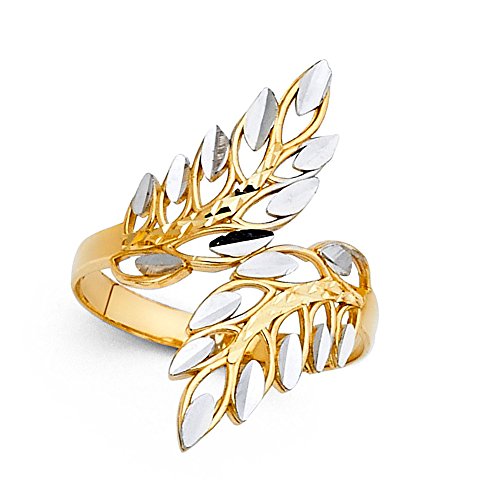 Fancy Leaf Ring Solid 14k Yellow & White Gold Filigree Band Diamond Cut Polished Two Tone 27MM Size 7.5