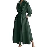 SEMATOMALA Women's Lapel Collared Maxi Blouse Dress V Neck Elegant Batwing Long Sleeve A-line Pleated Shirt Long Dress
