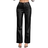 Gaiibbt Women’s High Waist Faux Leather Pants PU Straight Leg Wide Leg Trousers with Pockets – Black M