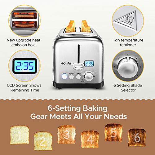 Toaster, HoLife 2 Slice Prime Rated Toasters [LCD Dispaly] Stainless Steel Bagel Toaster (6 Bread Settings, Bagel/Defrost/Reheat Function, 1.5" Wide Slots, Removable Crumb Tray, 900W, Silver) - Thumbnail 2