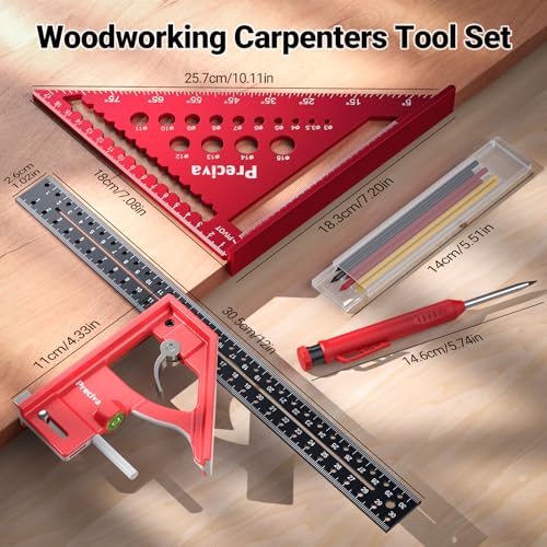 Carpenter's Square Set, Preciva Metric Marking Gauge and Triangles Carpenter's Angle Set with Construction Pencil, Combination Angle Ruler Made of Aluminium Alloy for DIY, Woodworking, Home Work