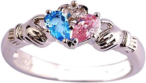 Empsoul 925 Sterling Silver Natural Novelty Created Blue &amp; Pink Topaz Irish Claddagh Friendship &amp; Love Heart Hand Ring