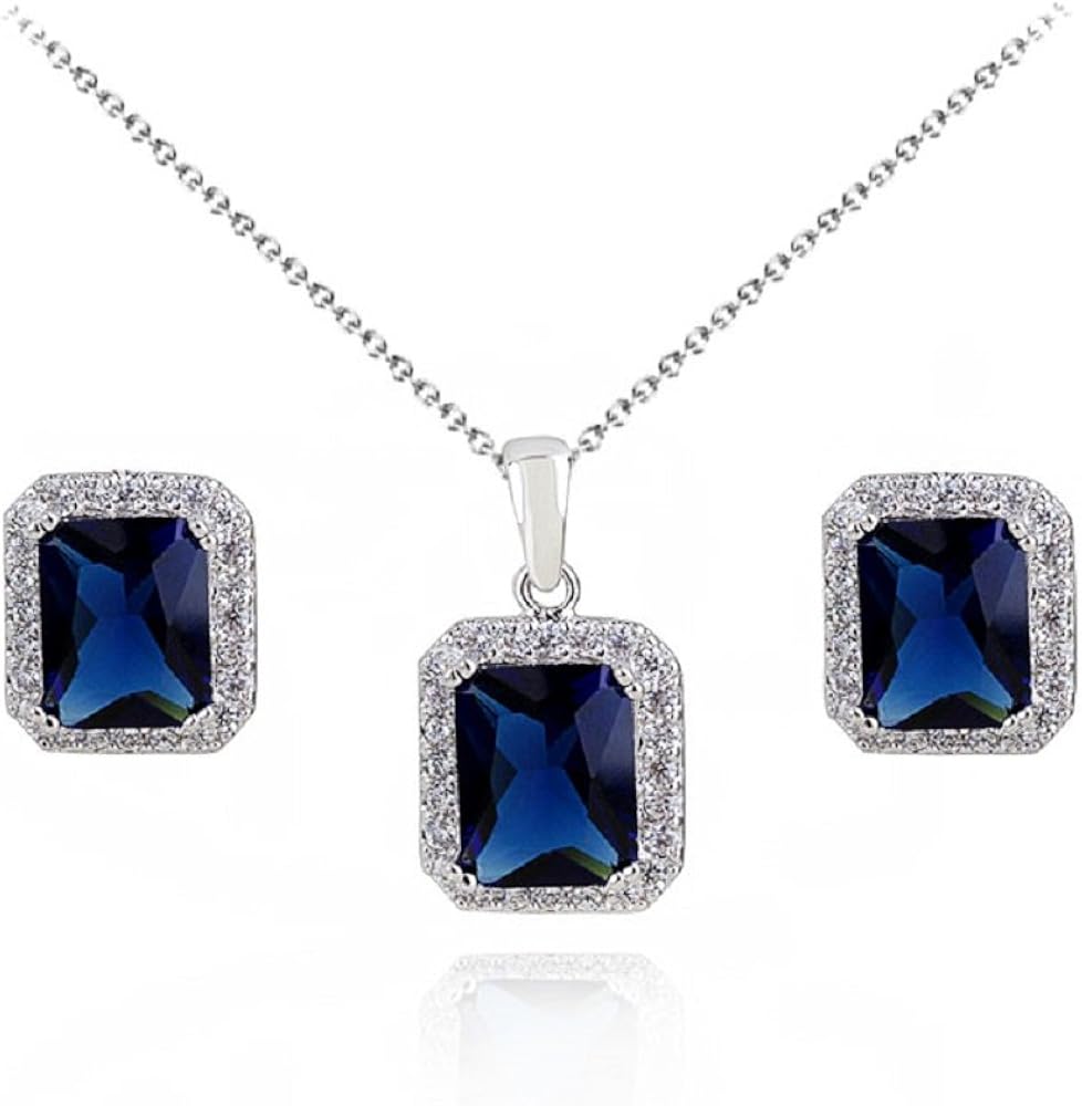 Crystalline Azuria Women 18ct White Gold Plated Blue Simulated Sapphire Zirconia Crystals Set Pendant Necklace 17.7 inches Stud Earrings