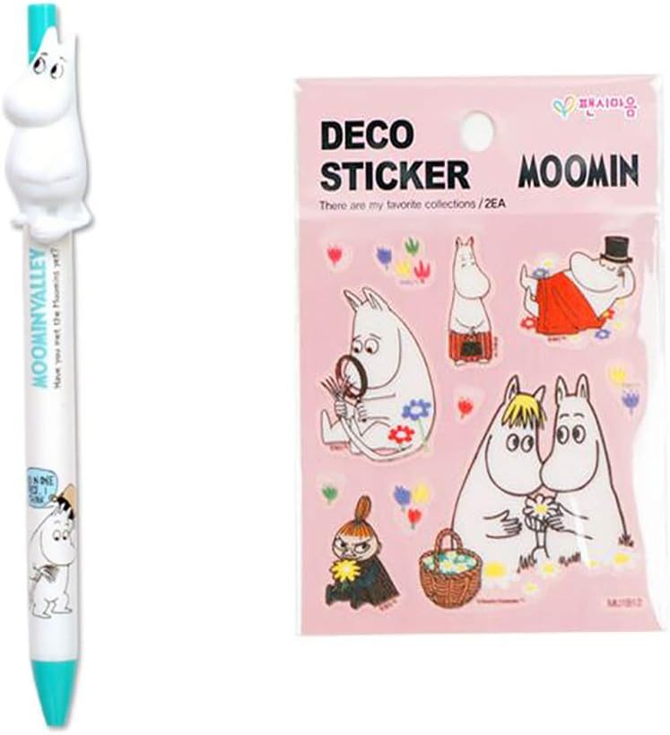 Moomin Characters Figure Ball Point Pen Black Ink 0.7mm + Deco Laptop Sticker One Set (White Moomin)