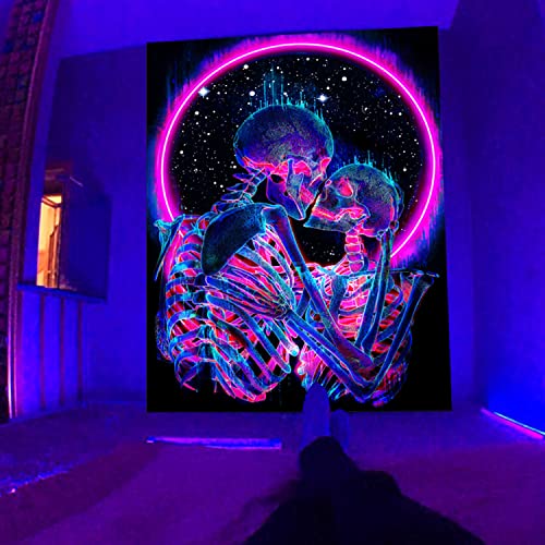 Manicer Blacklight Skull Tapestry, The Kissing Lovers Tapestry UV Reactive Trippy Psychedelic Neon Tapestries Glow in the Dark Party Backdrop, Skeleton Wall Art for Bedroom Living Room – 29.5” x 39.4”