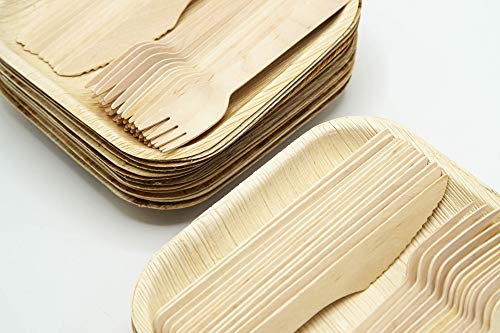 Holiday Party Dinnerware Eco Set of 75 Eco-Friendly Dinnerware - 25 Disposable 8" Square Palm Leaf Plates, 25 Wood Forks, 25 Wood Knives