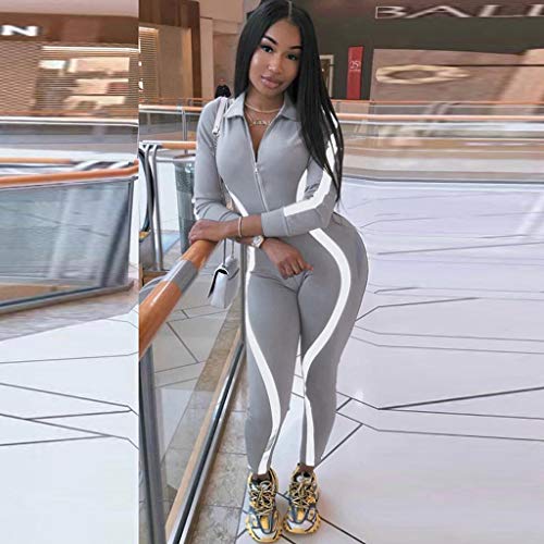 iYBUIA Women Yoga Fitness Motion Workout Reflective Patchwork Long Sleeve Tight Jumpsuit Zipper Slim S-L Gray - Thumbnail 2