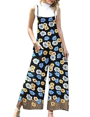 YESNO Women Casual Loose Bohemian Floral Print Wide Leg Jumpsuits