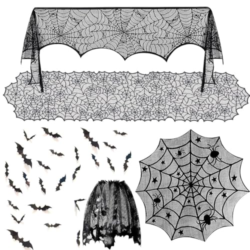 SIBOSUN 5 Pack Halloween Spider Decorations Sets -Halloween Table Runner & Fireplace Mantel Scarf & Round Table Cover & Lace Cobweb Lampshade & 60 pcs Scary 3D Bat for Halloween Party Decor