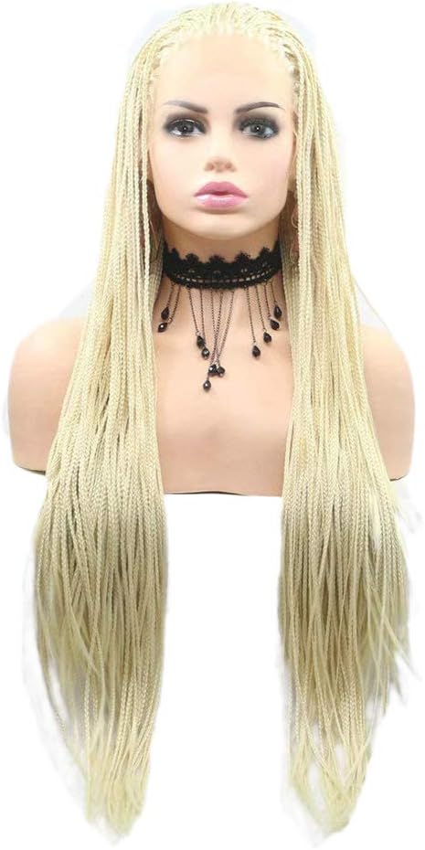 Box Braids Gold Blonde 613 Long Synthetic Hair Lace Front Wigs for Black Women Heat Resistant Fiber Replacement Braiding Wigs with Baby Hair Braided Cosplay Wig 28inches - Image 3