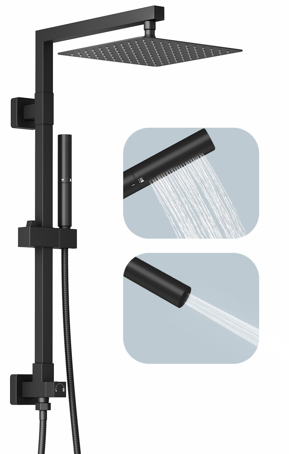 Photo 1 of BESy Brass Shower Arm, 10 Inch Rainfall Shower Head with Handheld Spray Combo, Dual Showerhead Outdoor Shower Kit Rain Setting Hand Held Sprayer with Adjustable Slide Bar Set, Matte Black