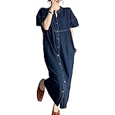 Women's Summer Casual Denim Dress Button V Neck Short Sleeve Loose Fit Midi Jean Dresses