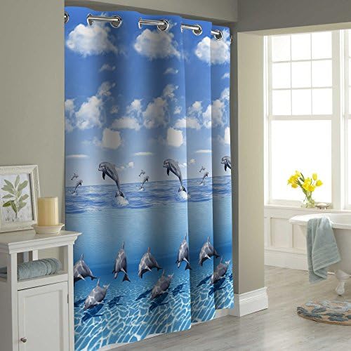 Premium Quality Blue Sea World Beach Dolphin Bathtub Shower Curtain by PeakHut- 100% Polyester Waterproof Fabric Curtain For Bathroom - Includes 12 Curtain Rings, 71 Inch x 79 Inch (Dolphin Family)
