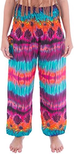 One Tribe Apparel Womens Hippie Baggy Pajama Tie Dye Harem Pants for Yoga &amp; Festivals Sunflower Pink &amp; Aqua Medium / Large Tie Dye Pants