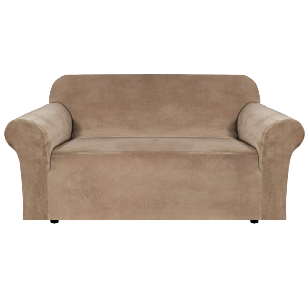 BellaHills Stretch Velvet Sofa Covers for 2 Cushion Couch Covers Sofa Slipcovers with Non Slip Straps Underneath The Furniture, Crafted from Thick Comfy Rich Velour (2 Seater, Camel)