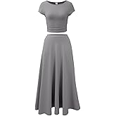 Nimsruc Two Piece Skirt Sets For Women Comfy Summer Outfits Crew Neck Short Sleeve Elastic Waist Maxi Skirts Matching Set Gray L