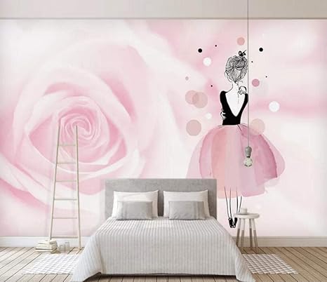 Amazon 壁画 3d壁紙 ピンクフラワー バレリーナ 女の子 壁装飾アート Hua 壁紙