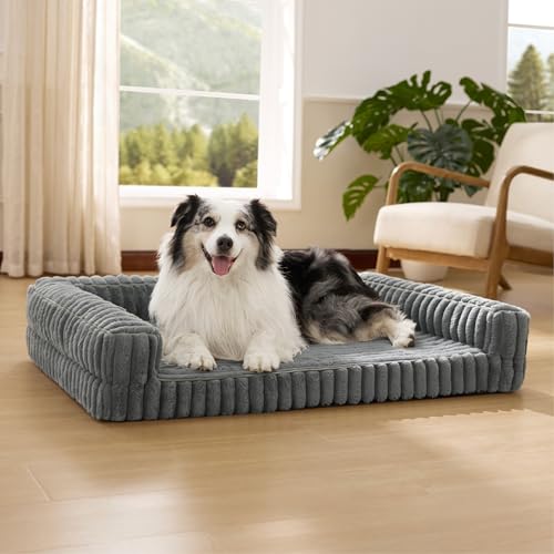 Bedsure Orthopedic Dog Bed Large – 106 x 76 x 18 cm Sofa Dog Beds with Memory Foam and Edges, Waterproof, Non-Slip Base, Removable and Washable Corduroy Cover, Grey