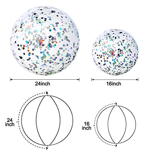 XYH Beach Ball Toy for Beach and Pool, Confetti Sequins Inflatable Beach Ball Glitter, Summer Parties and Gifts (2X16in, 2X24in)