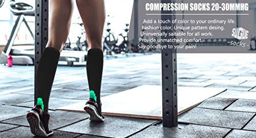 SUGUE Compression Socks (1 Pair) for Women & Men 20-30 mmHg - Best Graduated Athletic Fit for Running, Flight, Nurses, Maternity, Pregnancy - Shin Splints (Green & Arrow, L/XL)
