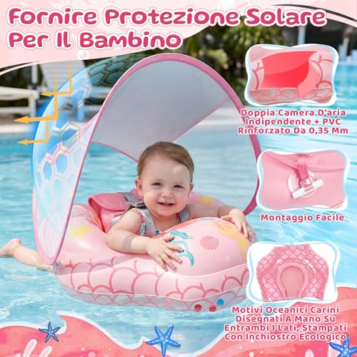 IEEILULU Salvagente Neonato, Ciambella Neonato Mare con Parasole Olare Rimovibile UPF50+, Salvagente Bambino con Adesivo di Riparazione per Piscina, Spiaggia, Vacanze da 6 a 36 Mesi