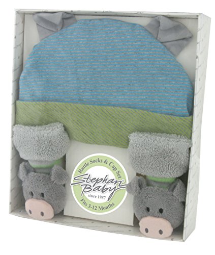 Stephan Baby Rattle Socks and Knit Cap Gift Set, Stripy Blue/Green Pig