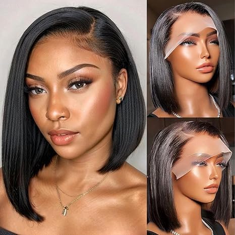16 Inch 13x4 Bob Straight Human Hair Wig Lace Front Wig 100% Human Hair Pre Plucked with Baby Hair 180% Density Wigs for Black Women Natural Color