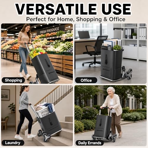 ALISMAEEL Stair Climbing Cart 70KG Capacity Foldable Trolley Cart with Wheels,Thickened Aluminum Alloy Frame Silent Stair Climbing Wheels Elastic Rope Detachable Shopping Bag, for Home and Office